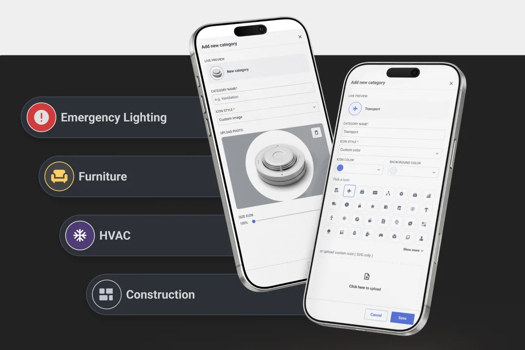 Two smartphones showing the SIM-ON "Add new category" form, one with an uploaded photo as the icon and one with a custom icon color, background color and icon picker, next to category labels Emergency Lighting, Furniture, HVAC and Construction