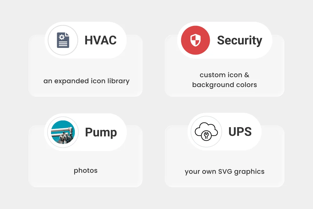 Four example asset category badges: HVAC with an icon from the expanded icon library, Security with custom icon and background colors, Pump with a photo, and UPS with a custom SVG graphic