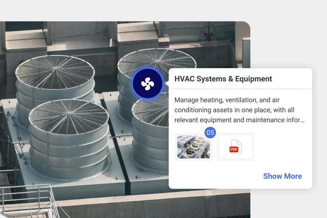 Rooftop HVAC fan units with a SIM-ON asset marker opening an "HVAC Systems & Equipment" info card with a description, photo and PDF attachments and a Show More link