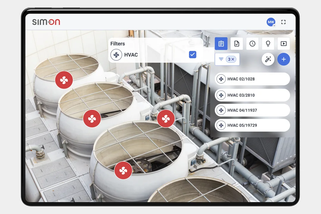 Tablet showing SIM-ON with the HVAC category filter active: red fan markers on rooftop ventilation units and a side list of HVAC assets 02/1028 to 05/19729