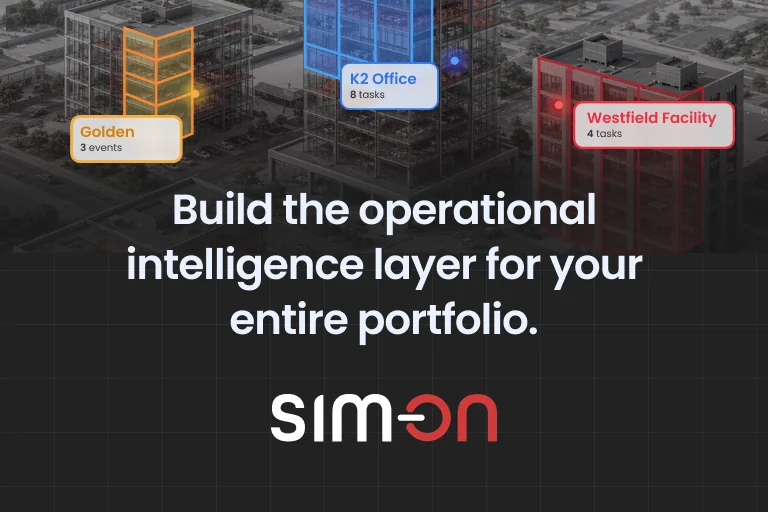 Aerial view of office buildings highlighted in orange, blue and red with labels Golden (3 events), K2 Office (8 tasks) and Westfield Facility (4 tasks), above the headline "Build the operational intelligence layer for your entire portfolio." and the SIM-ON logo on a dark grid background.