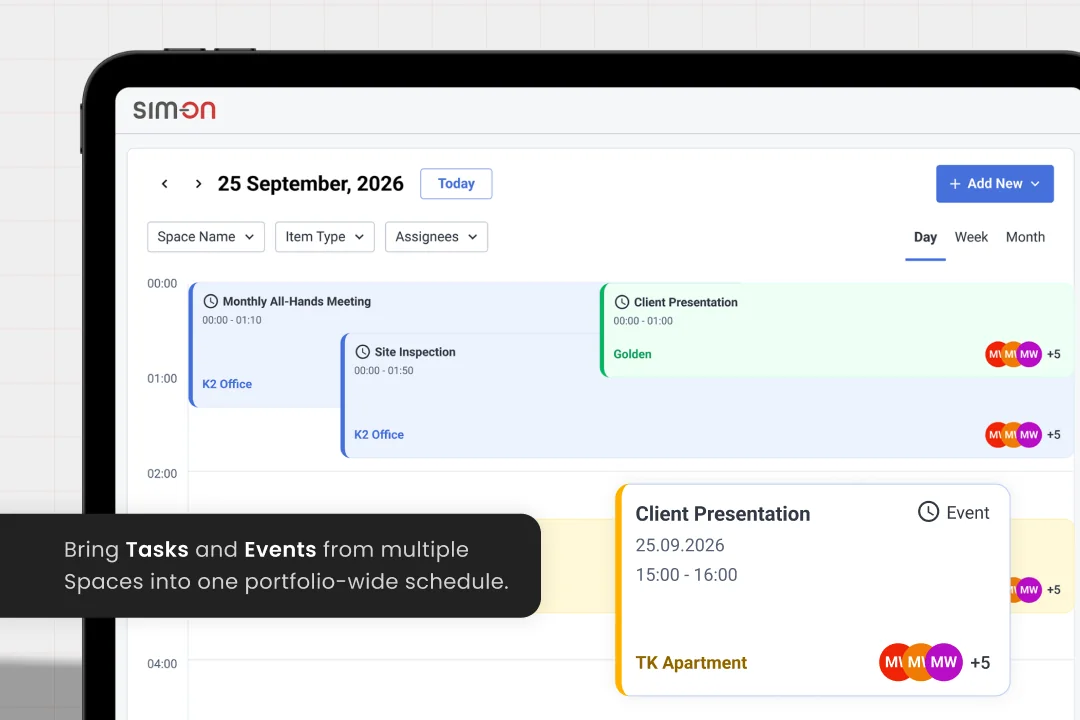 SIM-ON Calendar day view for 25 September 2026 showing Events such as Monthly All-Hands Meeting, Site Inspection and Client Presentation across the K2 Office, Golden and TK Apartment Spaces, with Day, Week and Month switches.