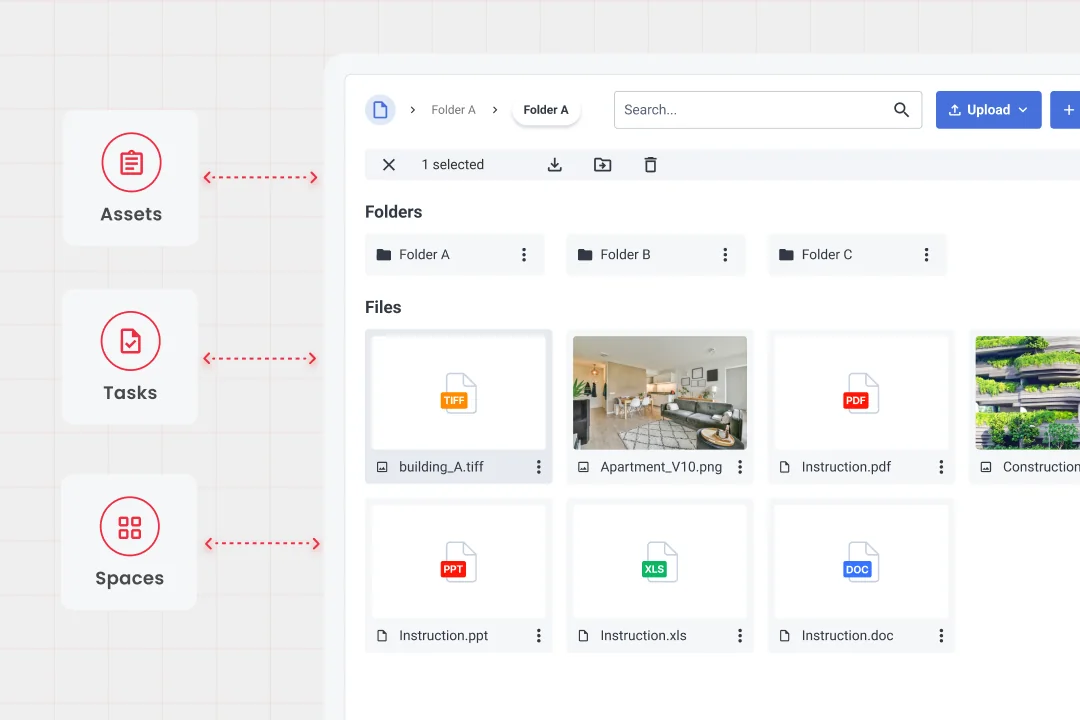 SIM-ON Documents module with folders and files (TIFF, PNG, PDF, PPT, XLS, DOC) linked by dotted arrows to Assets, Tasks and Spaces.