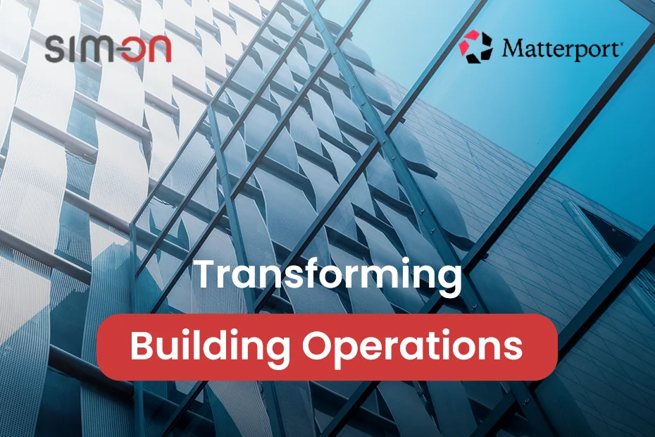 Low-angle view of a modern glass office facade with wavy metal fins, with the SIM-ON and Matterport logos and the text "Transforming Building Operations"