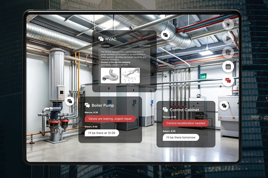 Tablet showing a SIM-ON 3D view of a boiler room with an HVAC asset card and ticket chats pinned to the Boiler Pump ("Valves are leaking, urgent repair") and Control Cabinet ("Control recalibration needed")