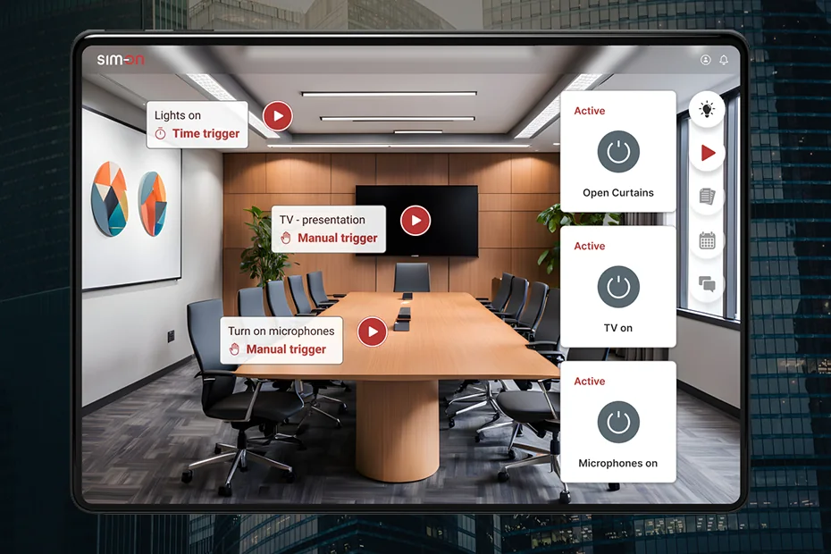 Tablet showing a SIM-ON 3D view of a conference room with automation scene triggers (Lights on, TV - presentation, Turn on microphones) and active scene cards for Open Curtains, TV on and Microphones on