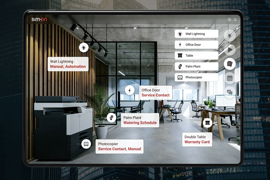 Tablet showing a SIM-ON 3D view of an open-plan office with asset tags on the wall lighting, office door, palm plant, photocopier and double table, each linked to automation, service contacts, a watering schedule or a warranty card