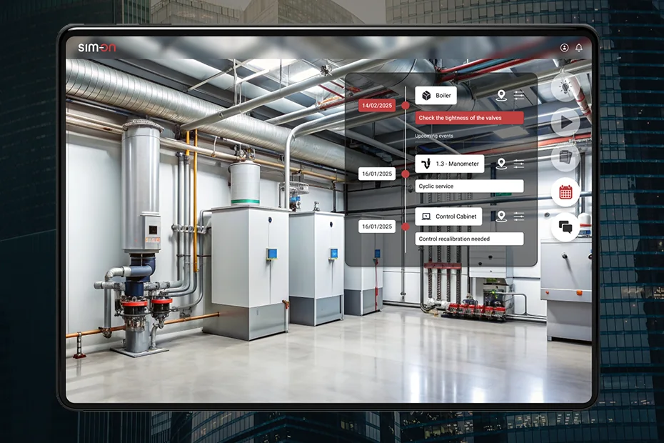 Tablet showing a SIM-ON 3D view of a boiler room with an event timeline panel listing dated service events for the Boiler, a manometer and the Control Cabinet
