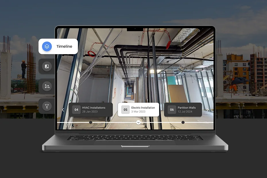 Laptop showing a STAGES 360° view of an office corridor during fit-out, with exposed ducts, pipes and cabling, and a Timeline bar listing stages 04 HVAC Installations, 05 Electric Installation and 06 Partition Walls; a construction site in the background