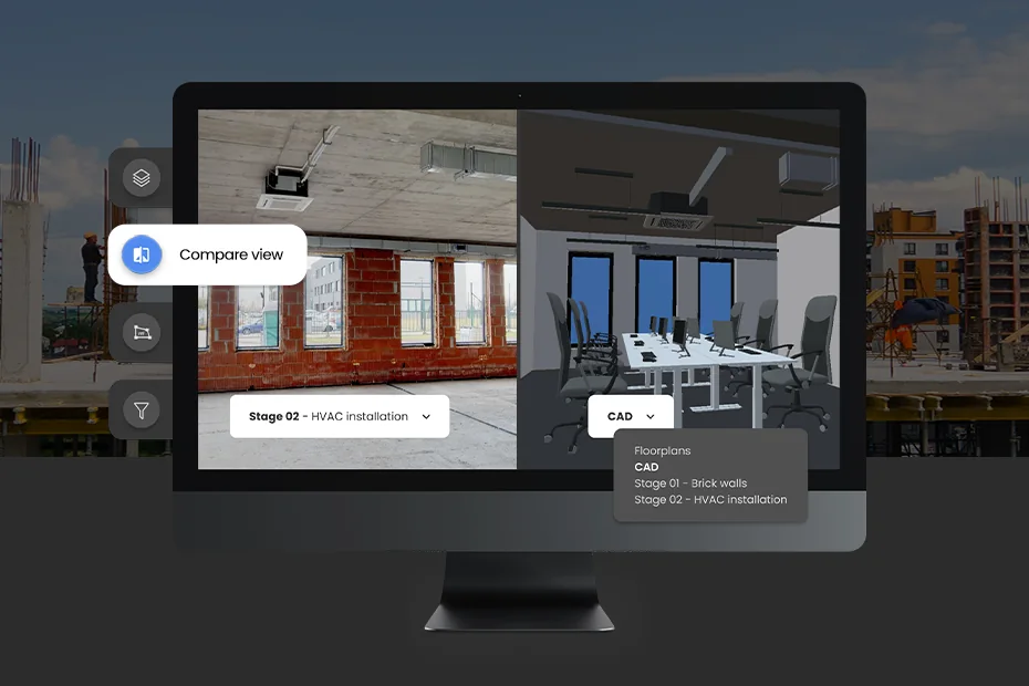 Desktop monitor showing the STAGES Compare view: on the left a 360° capture of a room with brick walls labelled Stage 02 - HVAC installation, on the right a CAD model of the same room furnished as a meeting room, with a dropdown listing Floorplans, CAD, Stage 01 - Brick walls and Stage 02 - HVAC installation