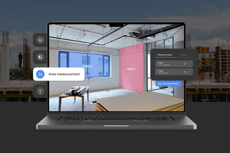 Laptop showing the STAGES Area measurement tool in a 360° capture of an unfinished room, with a window area highlighted in blue (6.35 m²) and a wall highlighted in pink (8.10 m²), and a Measurements panel listing both with an Add measurement button