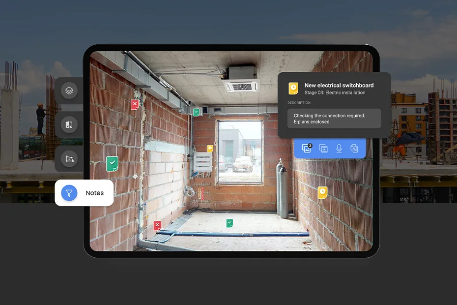 Tablet showing STAGES Notes in a 360° capture of a brick-walled room under construction, with colored note pins placed on walls and fixtures and an open note titled New electrical switchboard, Stage 03: Electric installation, reading Checking the connection required. E-plans enclosed.
