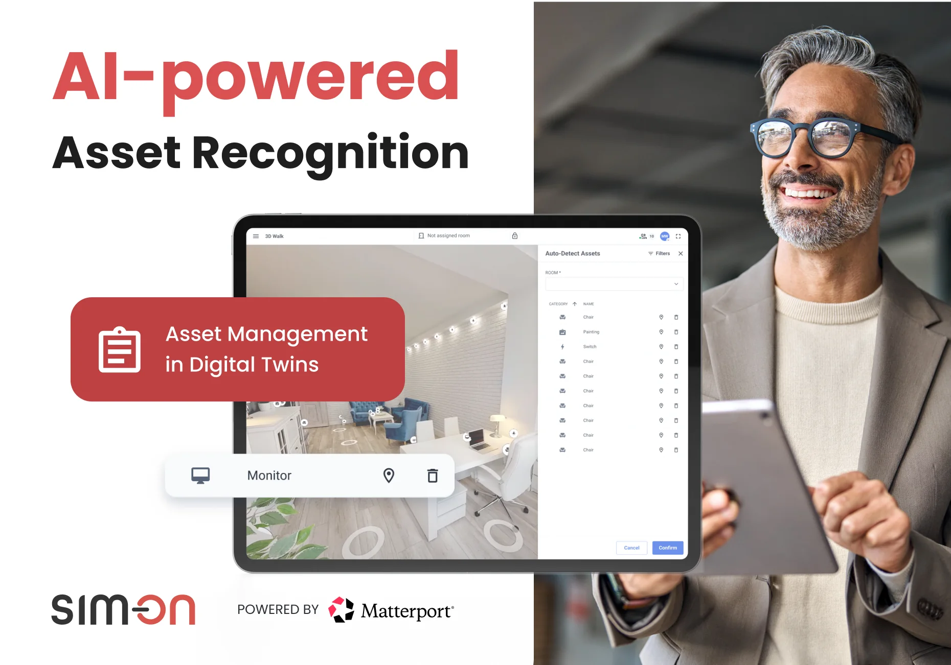 Promotional graphic headed "AI-powered Asset Recognition": a tablet shows the SIM-ON 3D walk of a furnished office with an "Auto-Detect Assets" panel listing detected chairs, a painting and a switch, beside a red "Asset Management in Digital Twins" badge and a "Monitor" asset chip; a smiling grey-haired man in glasses holds a tablet on the right, with SIM-ON and "Powered by Matterport" logos at the bottom.
