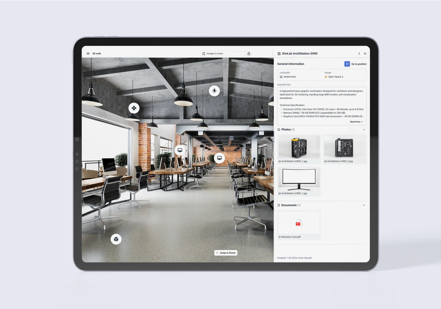 Tablet showing a SIM-ON 3D walk of an open-plan office with asset markers on desks and ceiling, next to an asset card for a "SimLab ArchiStation G900" workstation with category, room, description, photos and an attached warranty card PDF.