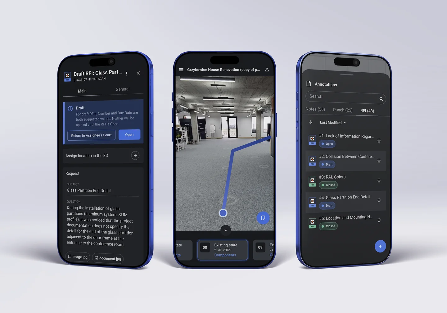 Three smartphones showing the STAGES AR app: a Draft RFI detail screen for a glass partition end detail, the live camera view of an office with a blue AR path leading to a marker, and an Annotations list with Notes, Punch and RFI tabs showing RFI items marked Open, Draft or Closed.