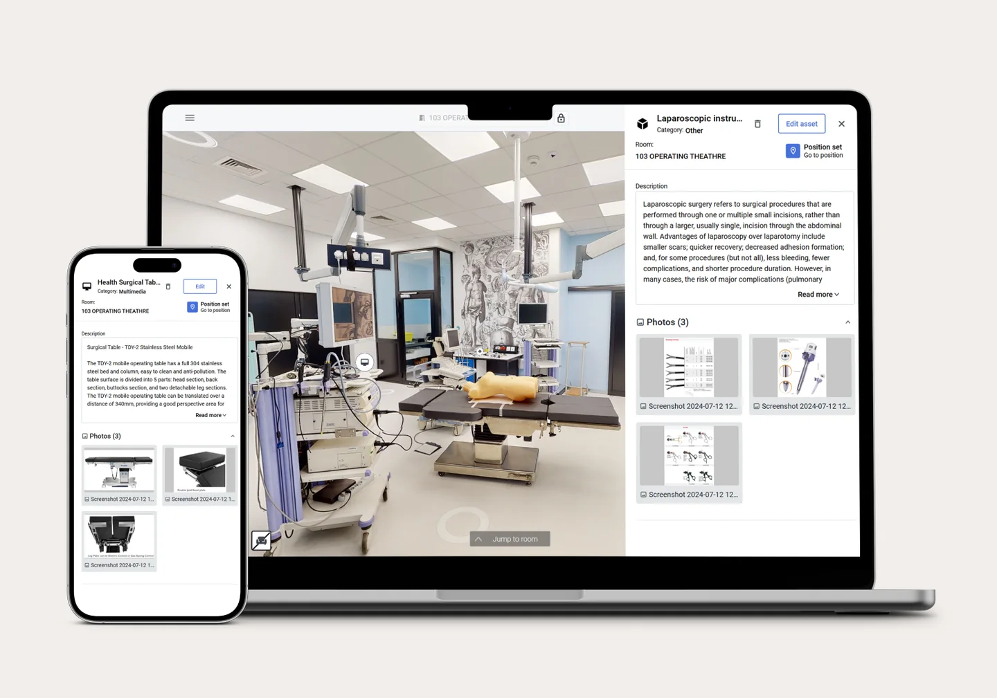 SIM-ON on a laptop and a smartphone showing the 3D scan of operating theatre 103, with asset cards for laparoscopic instruments and a surgical table, including descriptions and photo galleries.