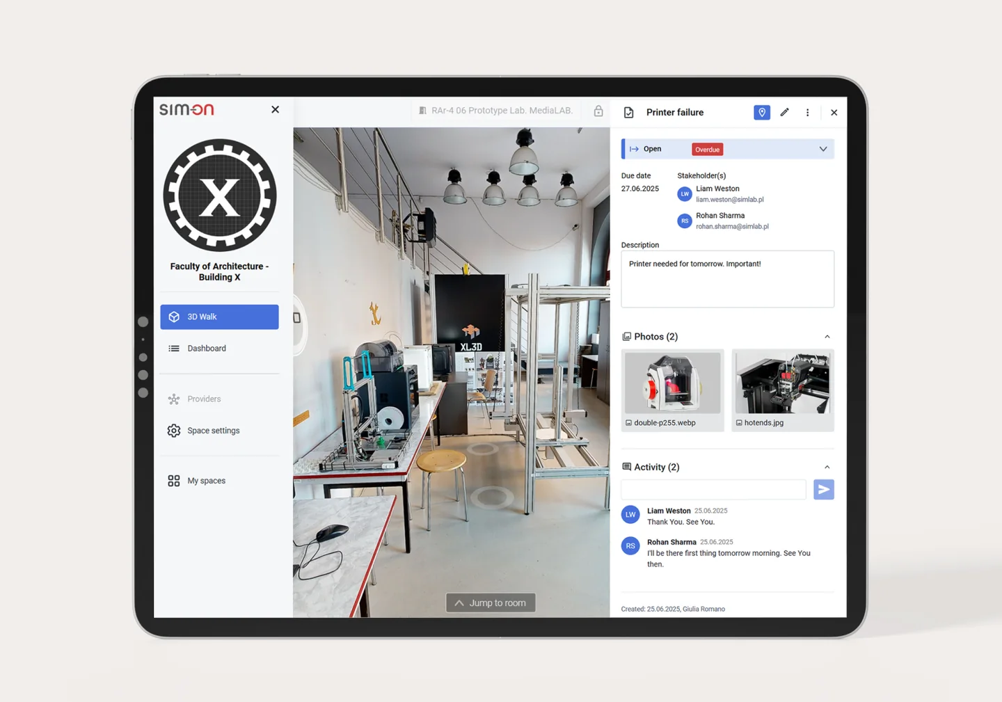 SIM-ON on a tablet showing the 3D scan of the 3D-printing prototype lab in the Faculty of Architecture Building X, with an open "Printer failure" ticket marked overdue, listing due date, stakeholders, description, photos and an activity thread.