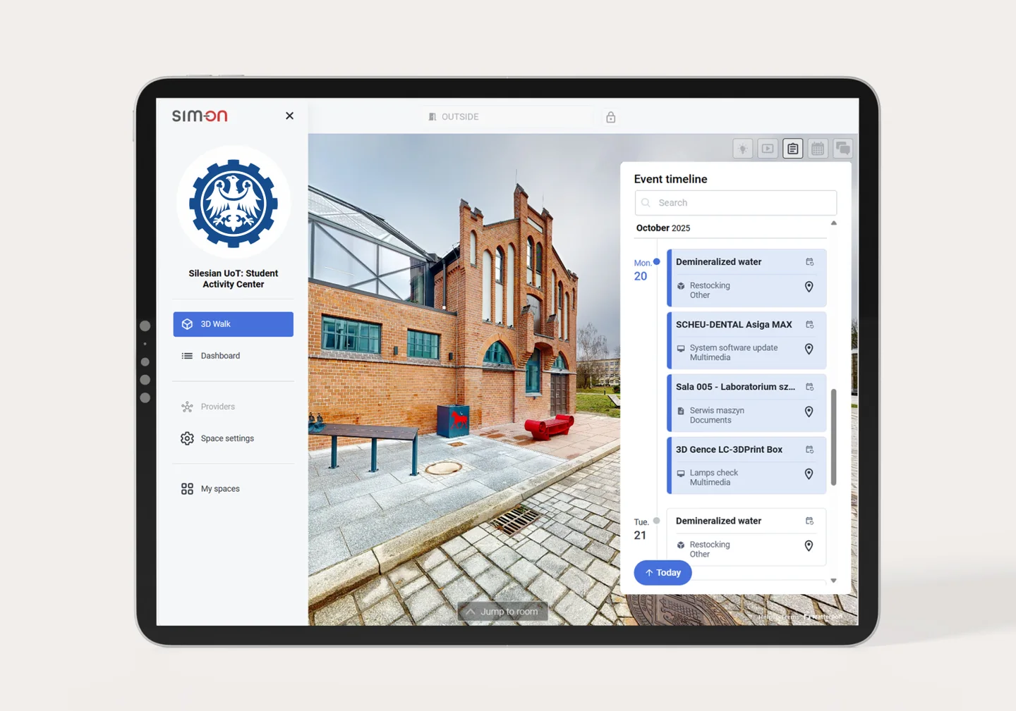 SIM-ON on a tablet showing the 3D exterior scan of the Silesian UoT Student Activity Center, a red-brick building, with an event timeline panel listing October 2025 maintenance tasks such as demineralized water restocking and a 3D printer software update.
