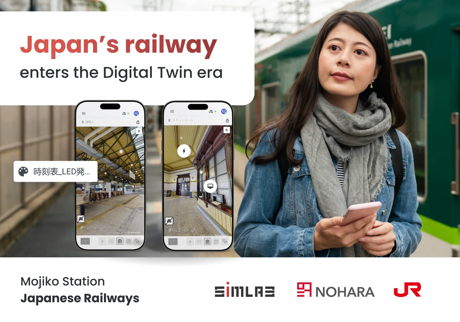 Graphic “Japan’s railway enters the Digital Twin era”: two phones showing 3D views of Mojiko Station, a traveler on a platform, and SIMLAB, Nohara and JR logos