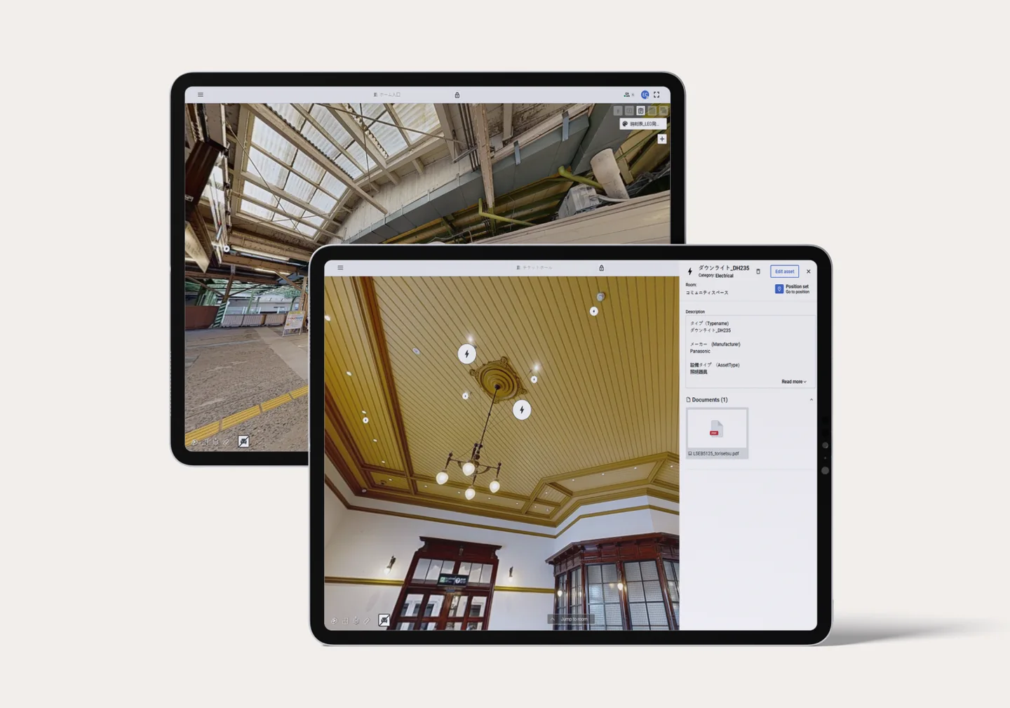 Two tablets showing SIM-ON 3D views of Mojiko Station: the platform roof structure, and an ornate hall ceiling with light icons and a Panasonic downlight asset panel