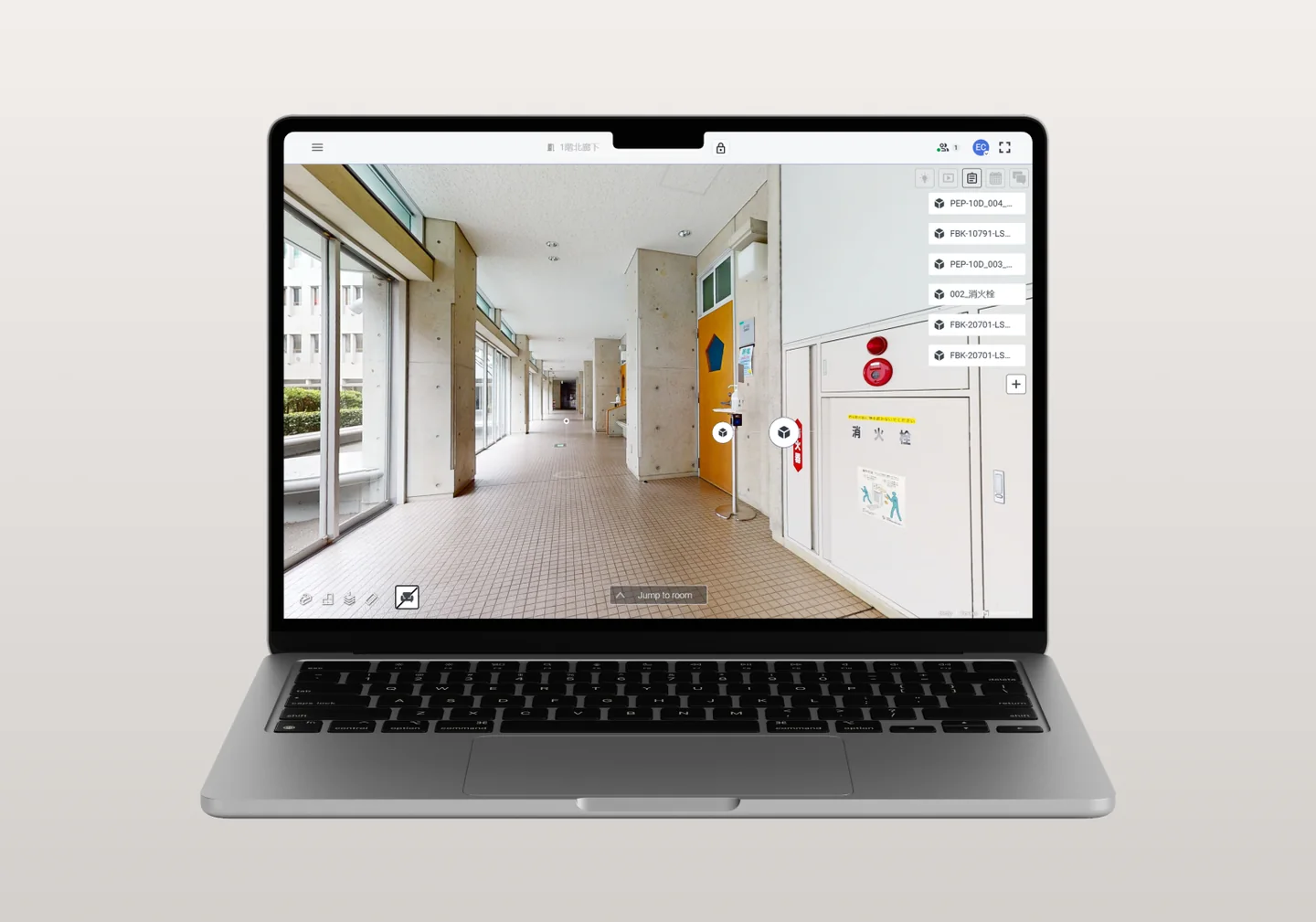 Laptop showing a SIM-ON 3D view of a university corridor with a tagged fire hydrant cabinet and a list of asset tags on the right