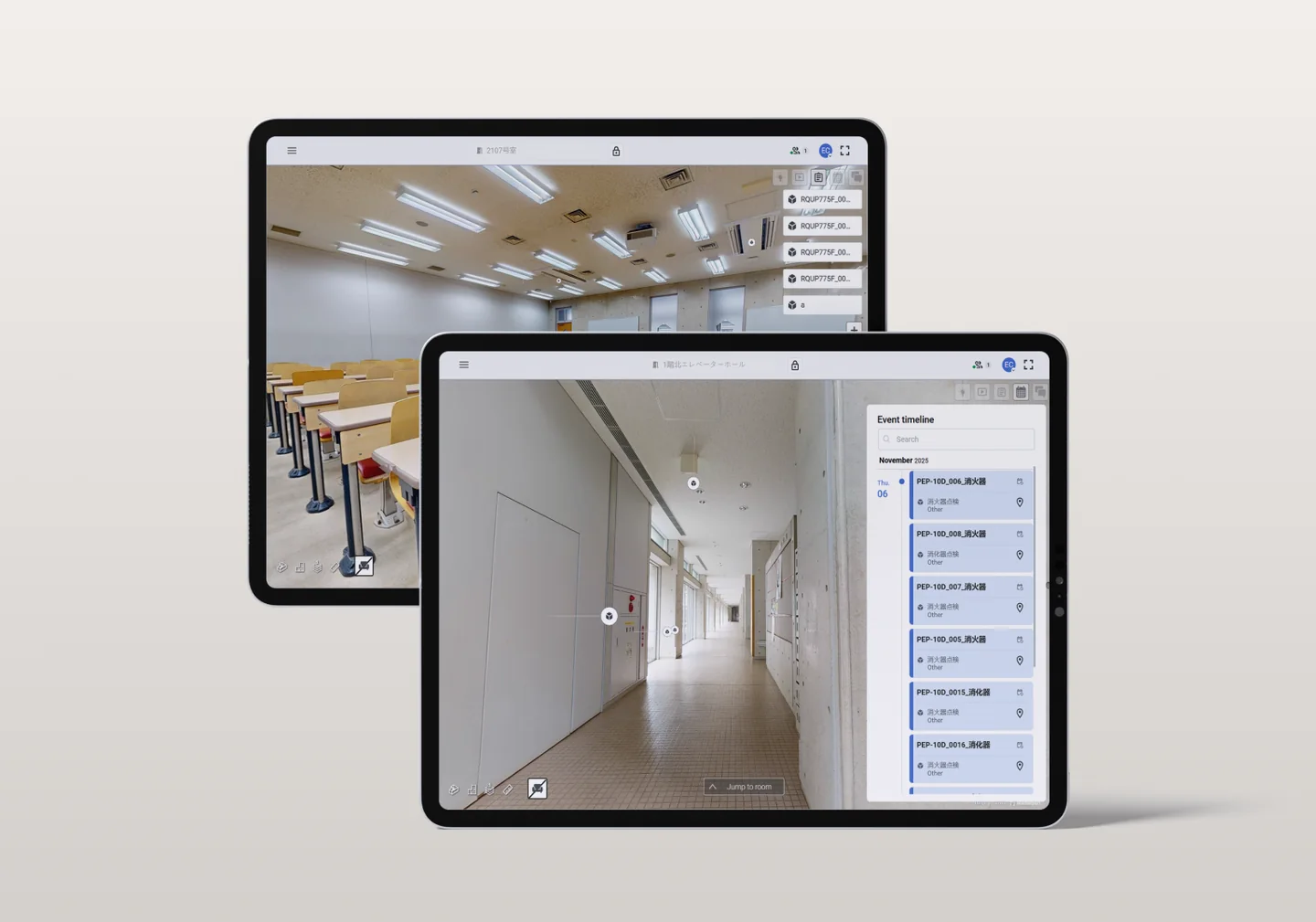 Two tablets showing SIM-ON 3D views of a lecture room and a corridor, with an event timeline listing fire extinguisher inspections in November 2025