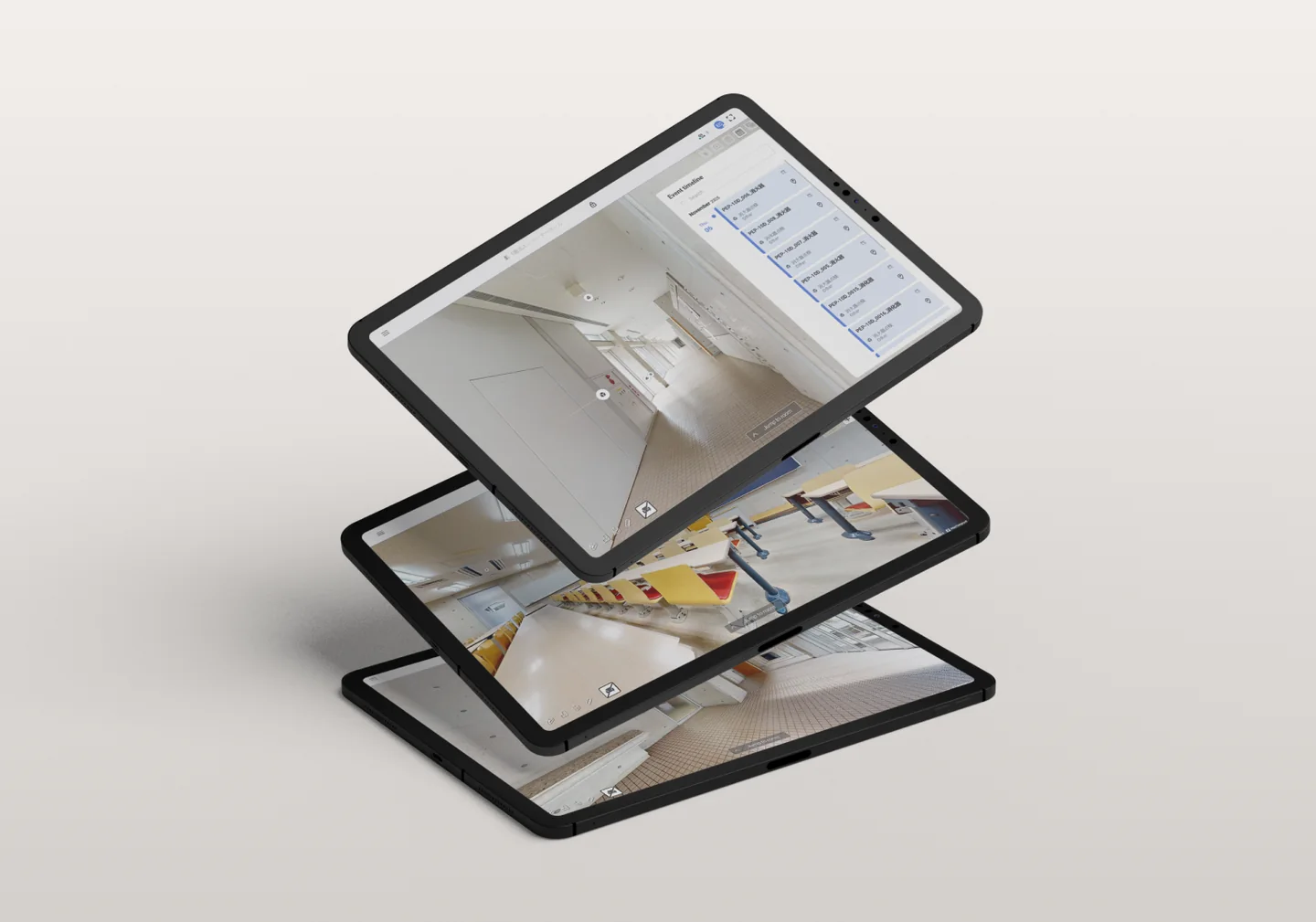 Three stacked tablets showing SIM-ON 3D views of university corridors and a lecture hall, the top one with an event timeline panel