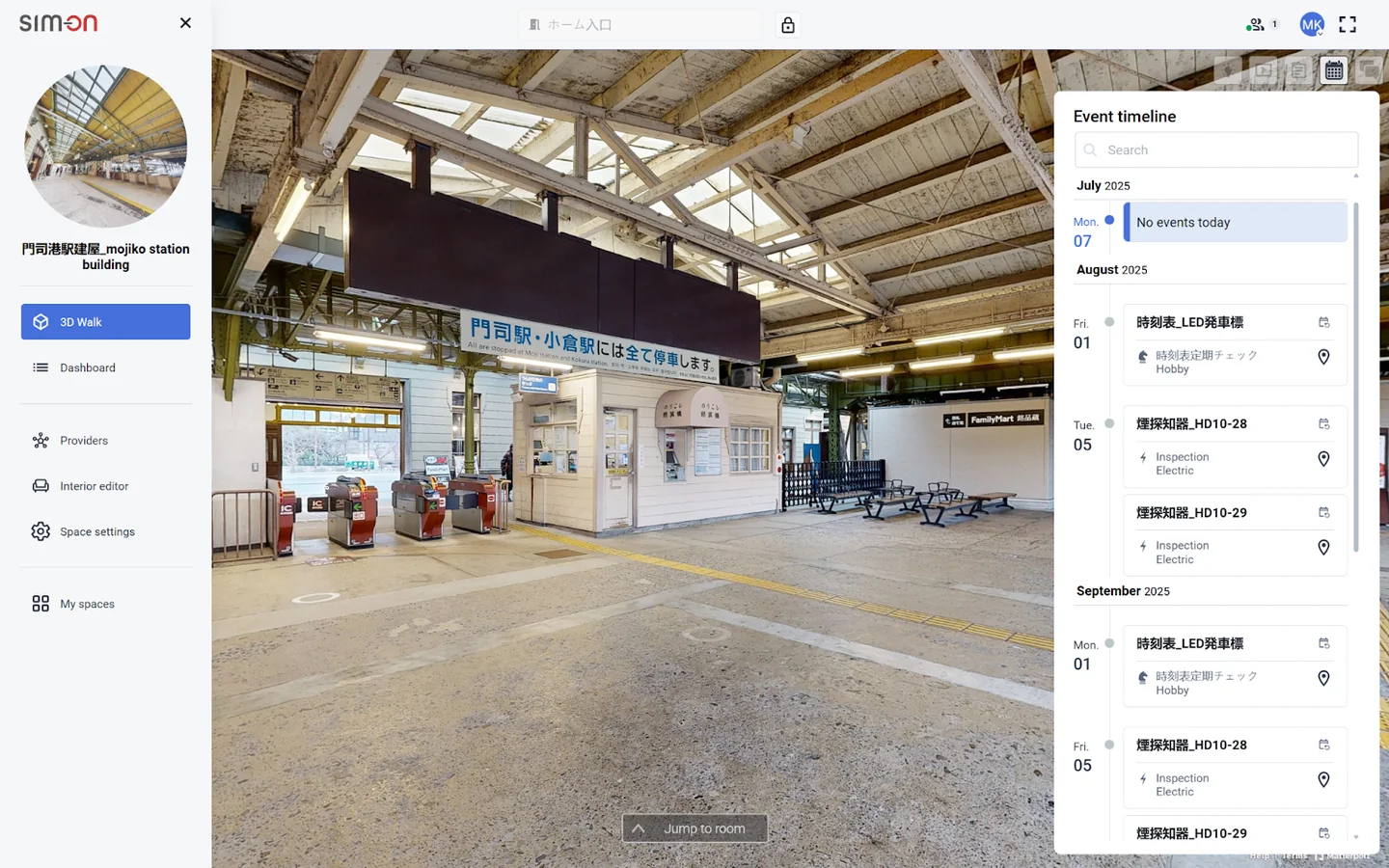 SIM-ON 3D view of Mojiko Station ticket gates with an event timeline listing departure board checks and smoke detector inspections for August–September 2025