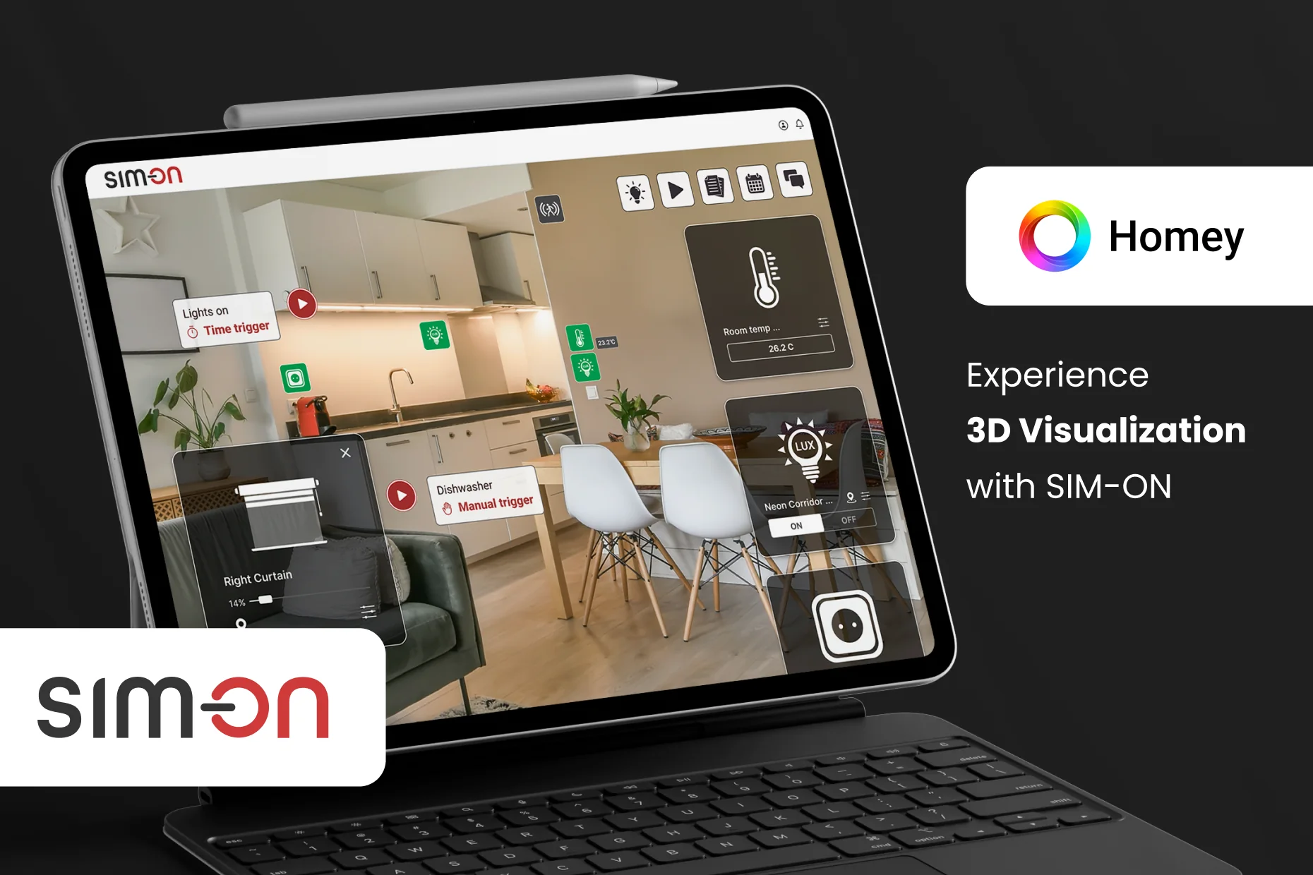 Graphic “Experience 3D Visualization with SIM-ON” with SIM-ON and Homey logos: a tablet showing a 3D kitchen and dining room scan with controls for lights, a curtain, room temperature and a dishwasher