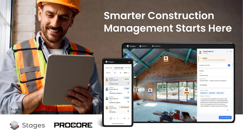 Construction worker in hard hat and hi-vis vest with a tablet; STAGES on tablet and phone showing Procore punch items; headline Smarter Construction Management Starts Here; Stages and Procore logos