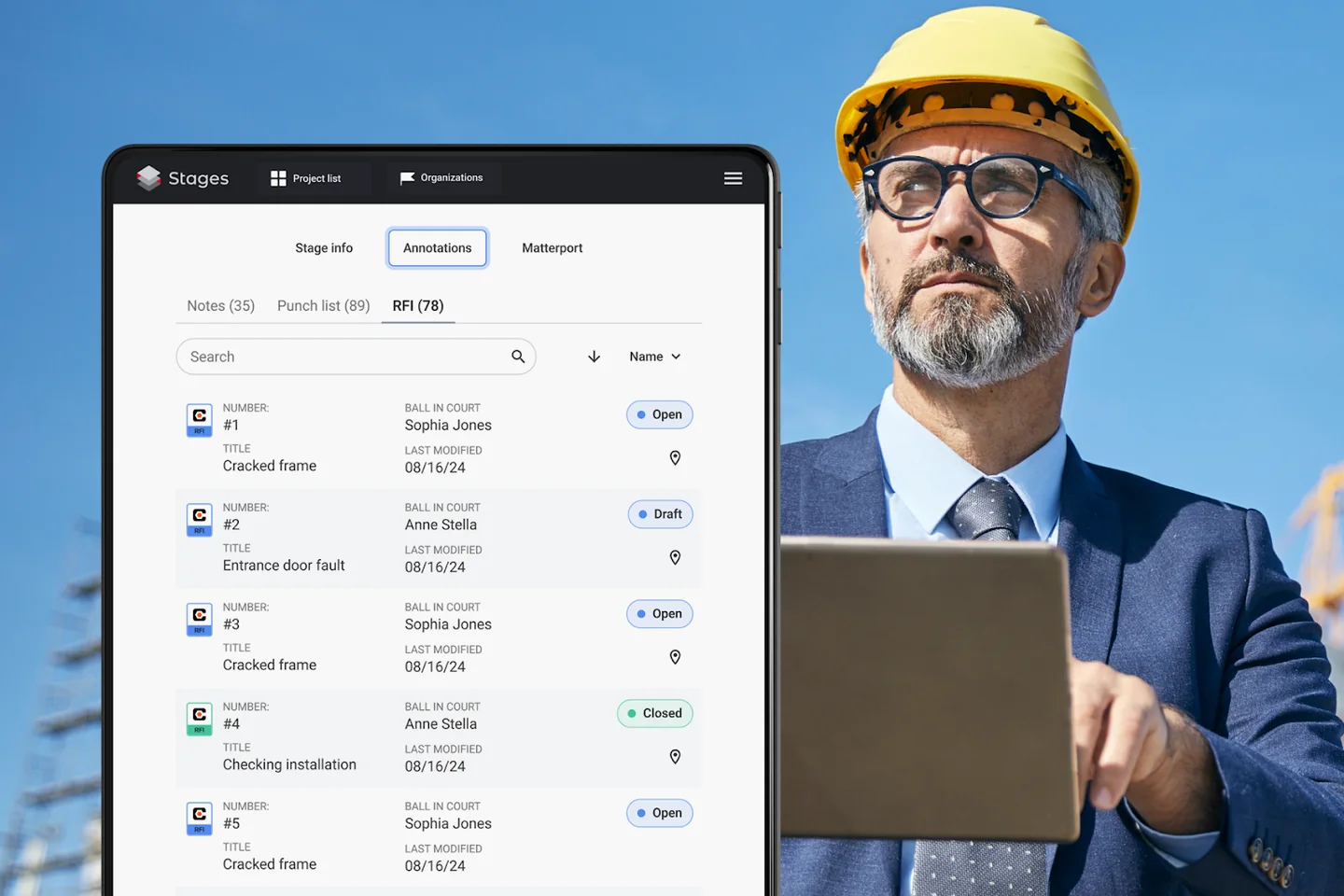 STAGES Annotations view listing Procore RFIs with number, title, ball in court and status, beside a man in a yellow hard hat and suit holding a tablet