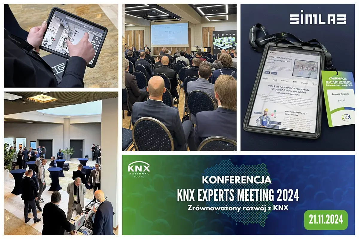 Collage from KNX Experts Meeting 2024 (21.11.2024): 3D digital twin view on a tablet, conference audience, SIMLAB site on a tablet next to a delegate badge, attendees networking