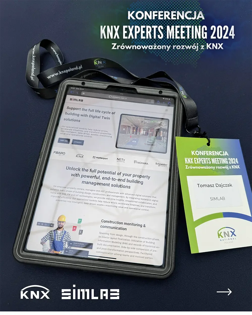 Tablet showing the SIMLAB website beside a KNX Experts Meeting 2024 lanyard and delegate badge reading Tomasz Dajczak, SIMLAB; KNX and SIMLAB logos