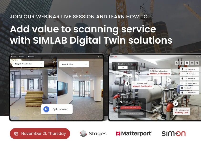 Webinar banner 'Add value to scanning service with SIMLAB Digital Twin solutions' with STAGES split-screen and SIM-ON tablet views; November 21, Thursday; Stages, Matterport, SIM-ON logos