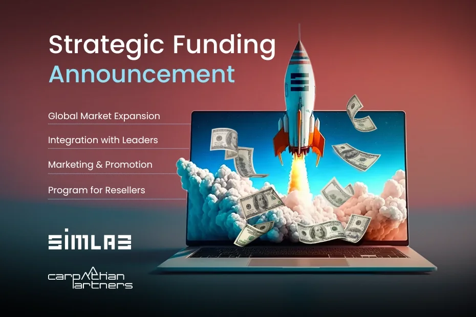 Strategic Funding Announcement graphic with a rocket launching from a laptop screen amid banknotes, plus SIMLAB and Carpathian Partners logos