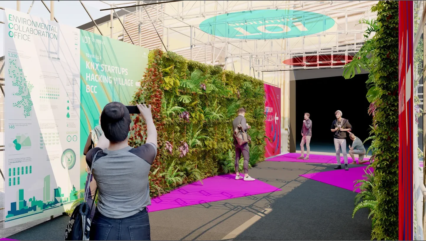 Rendered view of the KNX Tunnel at IoT Solutions World Congress with a vertical garden wall, KNX Startups signage and visitors taking photos