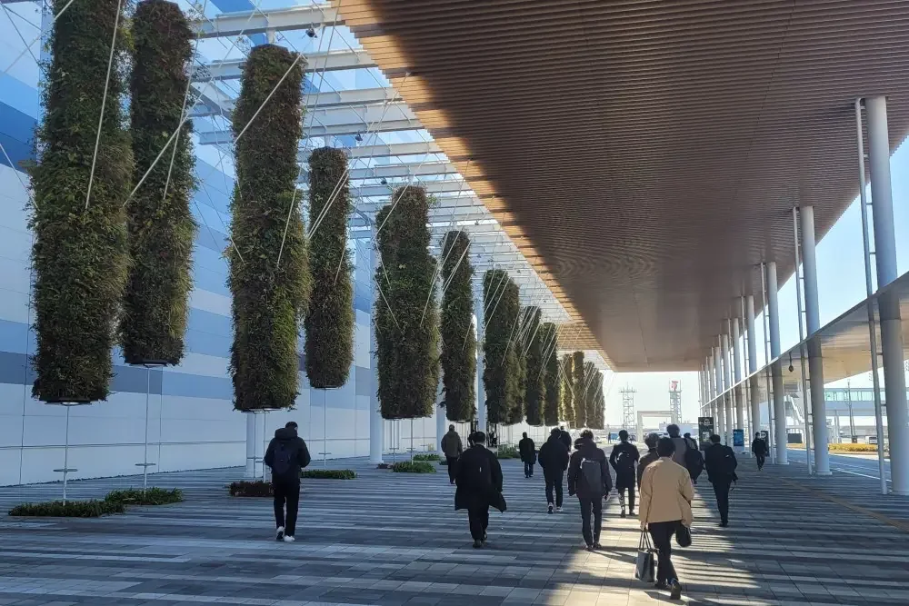 Visitors walking along a covered outdoor walkway lined with tall hanging columns of plants
