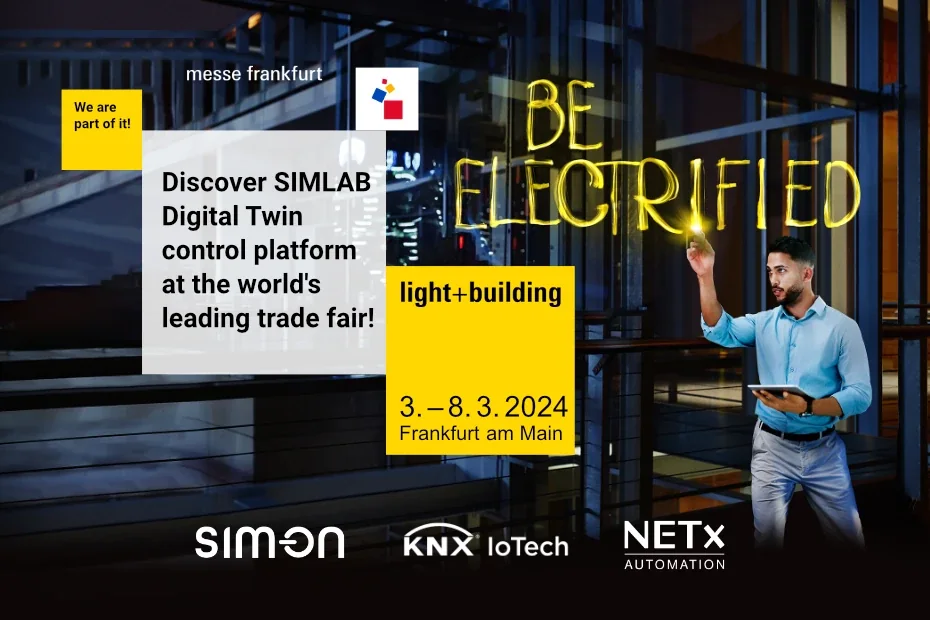 Light+Building 2024 banner: 'Discover SIMLAB Digital Twin control platform at the world's leading trade fair!', 3.–8.3.2024 Frankfurt am Main, man with a tablet, SIM-ON, KNX IoTech and NETx logos