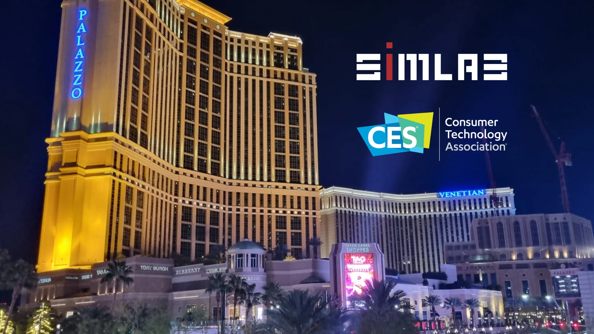 Palazzo and Venetian hotels in Las Vegas lit up at night, with SIMLAB and CES Consumer Technology Association logos