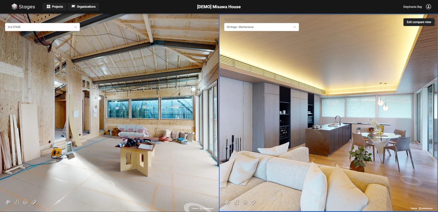 STAGES compare view of the Misawa demo house: timber-framed interior under construction beside the finished open-plan living room and kitchen