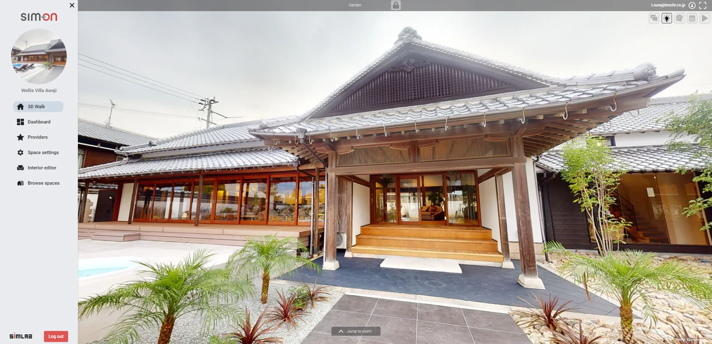 SIM-ON 3D walkthrough of the renovated Villa Wellis: traditional tiled-roof Japanese house with a wooden entrance, garden and palms