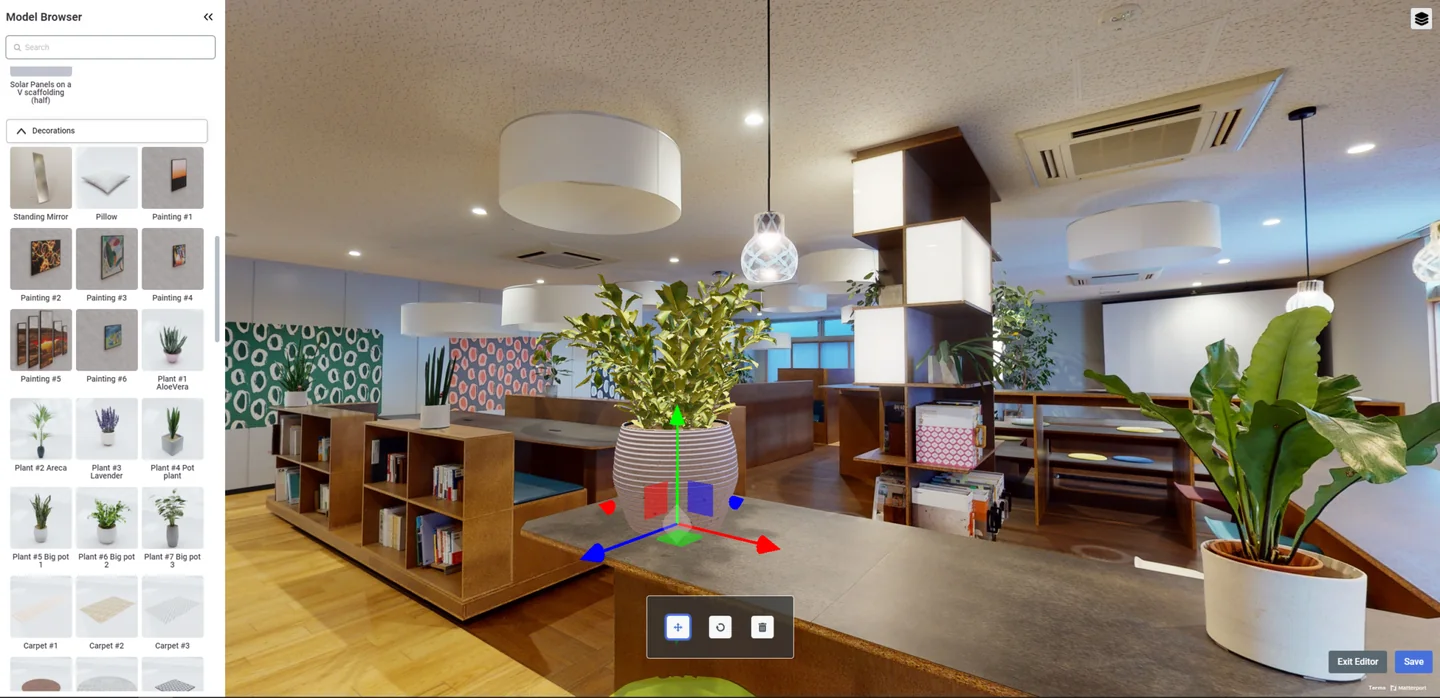 SIM-ON interior editor in the Nohara Group office digital twin: placing a 3D potted plant from the Model Browser decoration catalogue