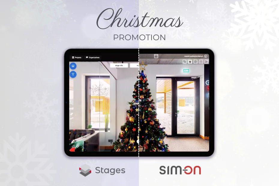 Christmas promotion graphic: tablet showing a decorated Christmas tree in the SIMLAB office, split between STAGES and SIM-ON views, with both product logos