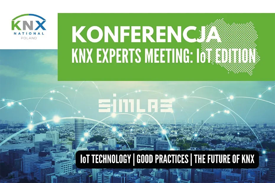 KNX National Poland banner for the KNX Experts Meeting: IoT Edition conference, with the SIMLAB logo over a networked city skyline and the line IoT Technology, Good Practices, The Future of KNX