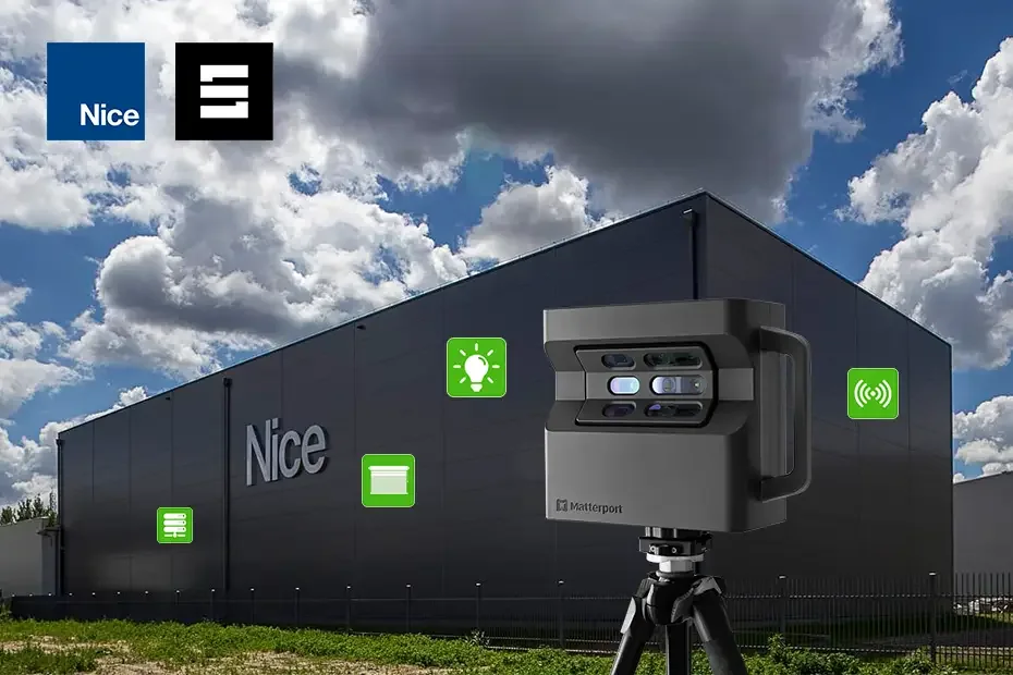 Nice and SIMLAB logos over the Nice Group building, with a Matterport camera on a tripod in the foreground and smart-device icons for lighting, blinds and wireless control