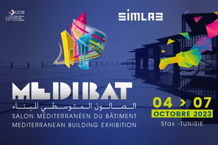 MEDIBAT Mediterranean Building Exhibition banner, 04–07 October 2023, Sfax, Tunisia, with CCIS Sfax and SIMLAB logos and a colourful architectural graphic