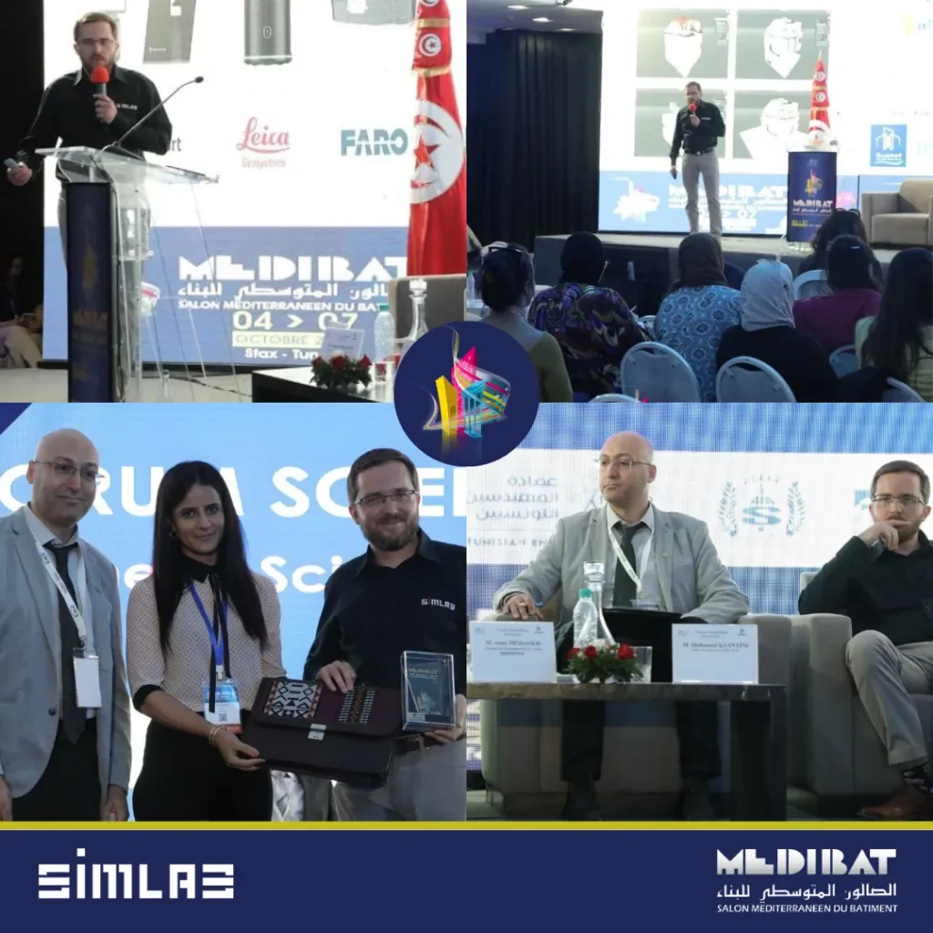 MEDIBAT 2023 collage: a SIMLAB speaker presenting at the podium and on stage, receiving a gift in front of the forum screen and seated on the panel, with SIMLAB and MEDIBAT logos