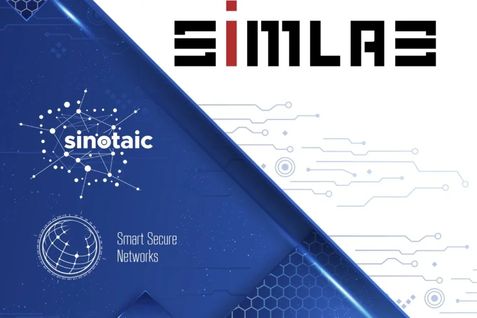 SIMLAB logo next to the sinotaic and Smart Secure Networks logos on a blue and white circuit-pattern background