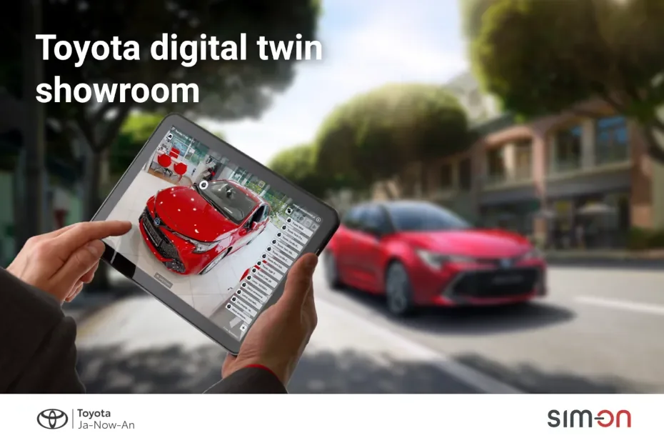 Hands holding a tablet with a red Toyota in the SIM-ON digital twin showroom, a red Toyota on a street behind, headline Toyota digital twin showroom, Toyota Ja-Now-An and SIM-ON logos