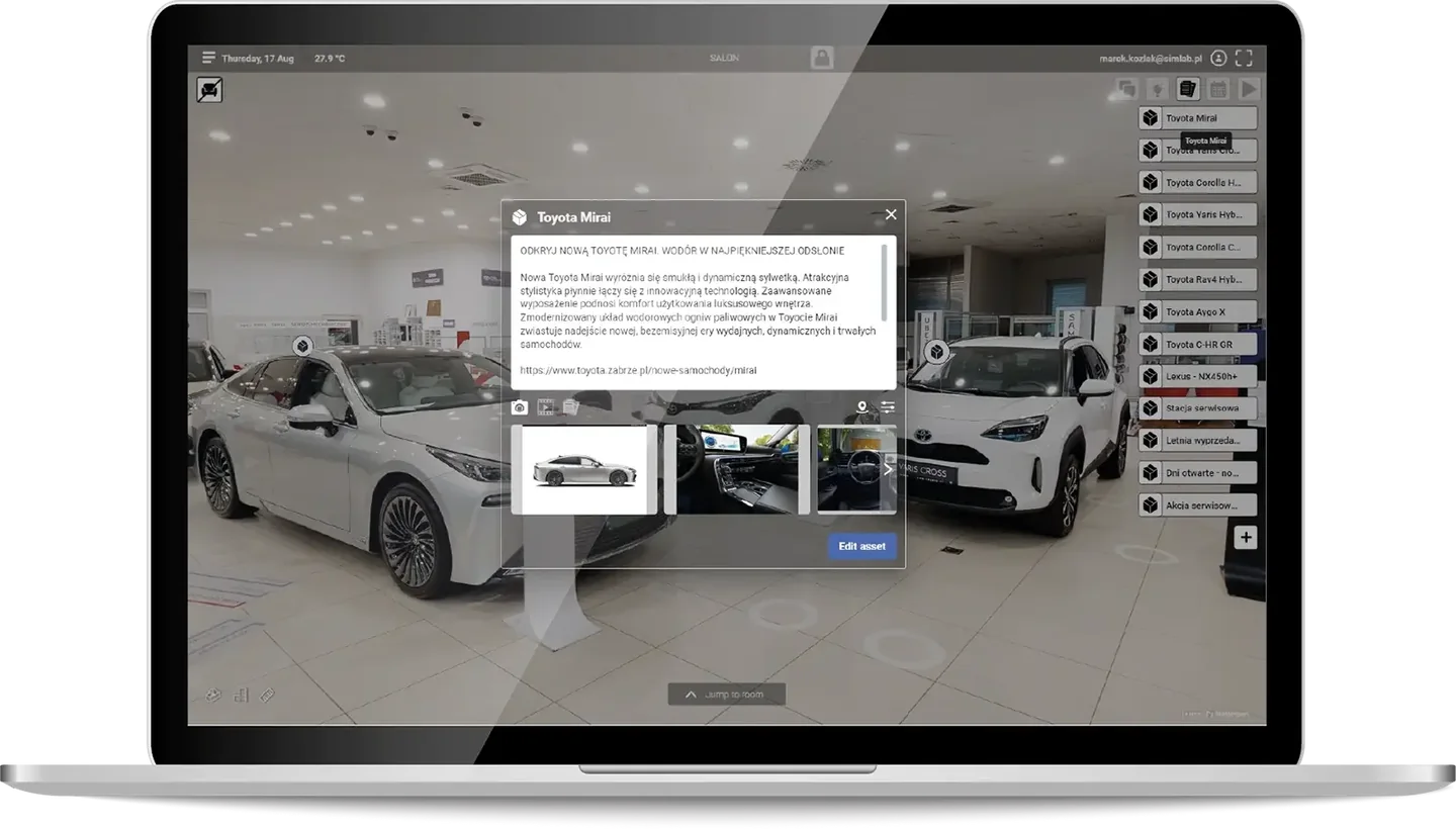 Laptop showing the SIM-ON virtual Toyota showroom with a Toyota Mirai info card (Polish description and photos) and a side list of models such as Yaris Cross, Corolla, RAV4, Aygo X and C-HR